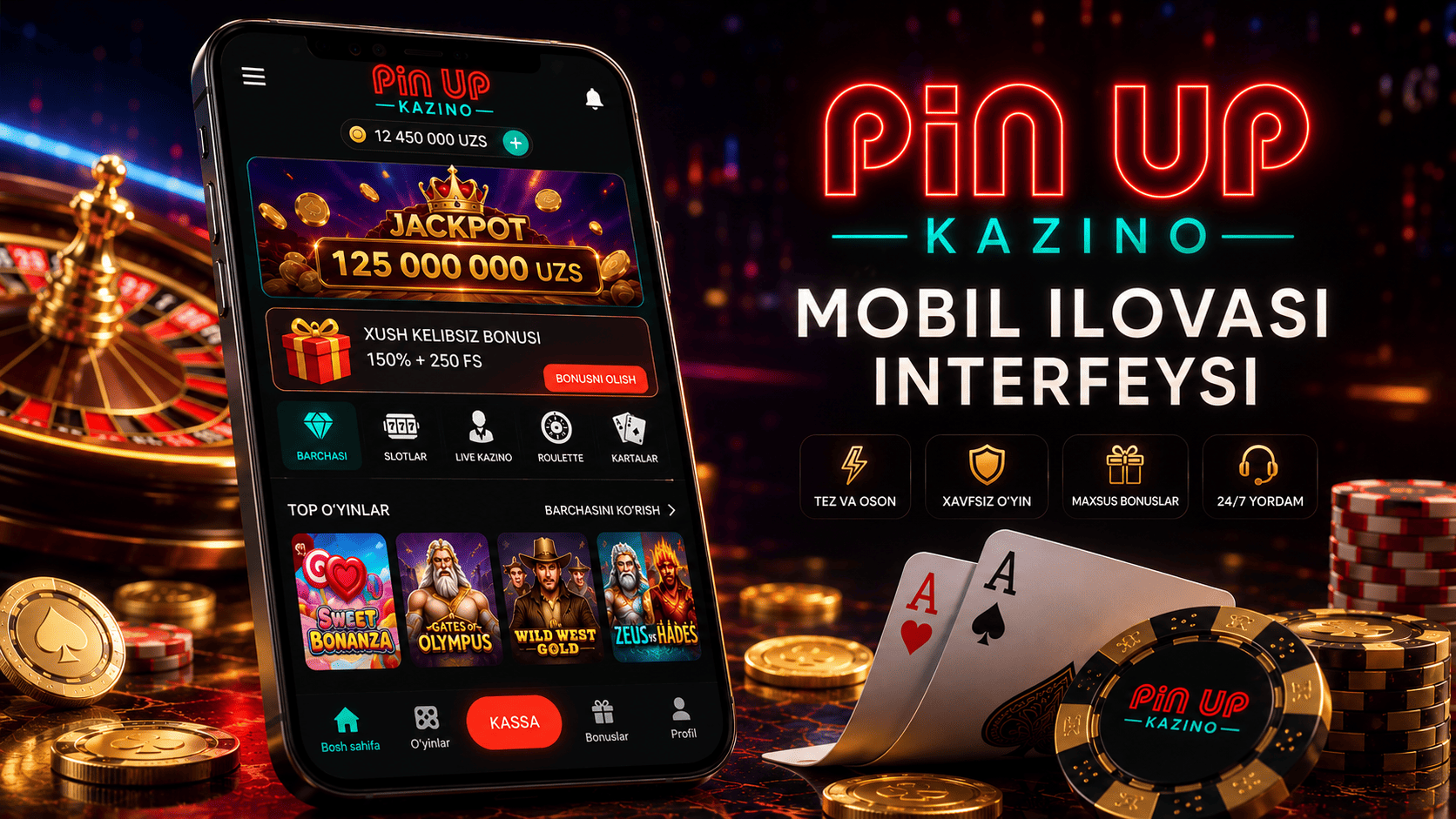 Pin Up mobil ilovasi interfeysi